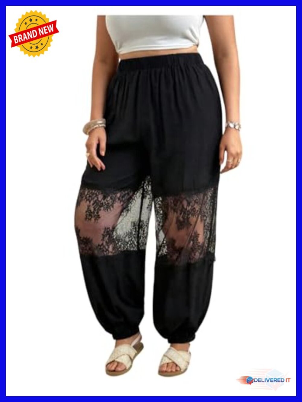 Plus Size Lace Patchwork Harem Pants Sheer Mesh Elastic Waist Baggy Trousers